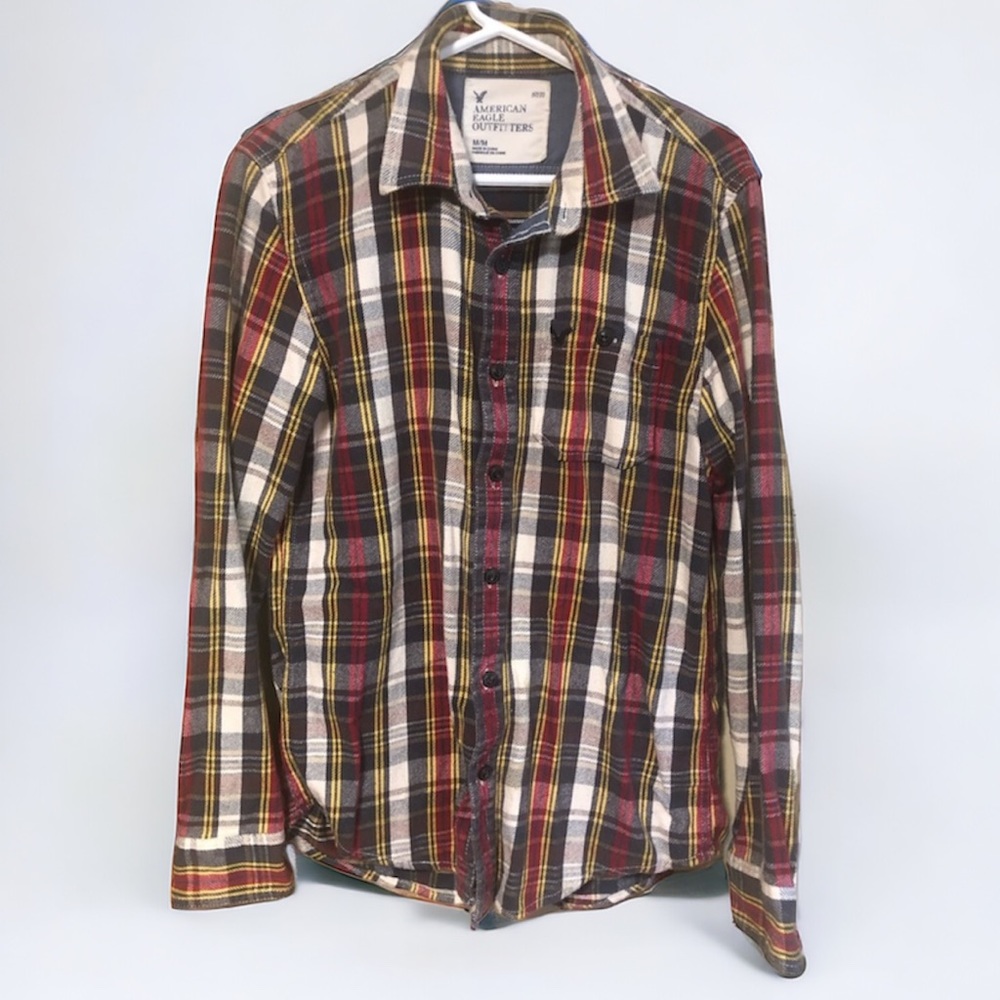 American Eagle Plaid Thick Flannel Shirt Gray Red Yellow White Mens Size Medium